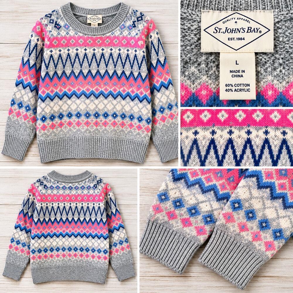 St John’s Bay Fair Isle Nordic Knit Sweater Gray Pink Blue Women’s L